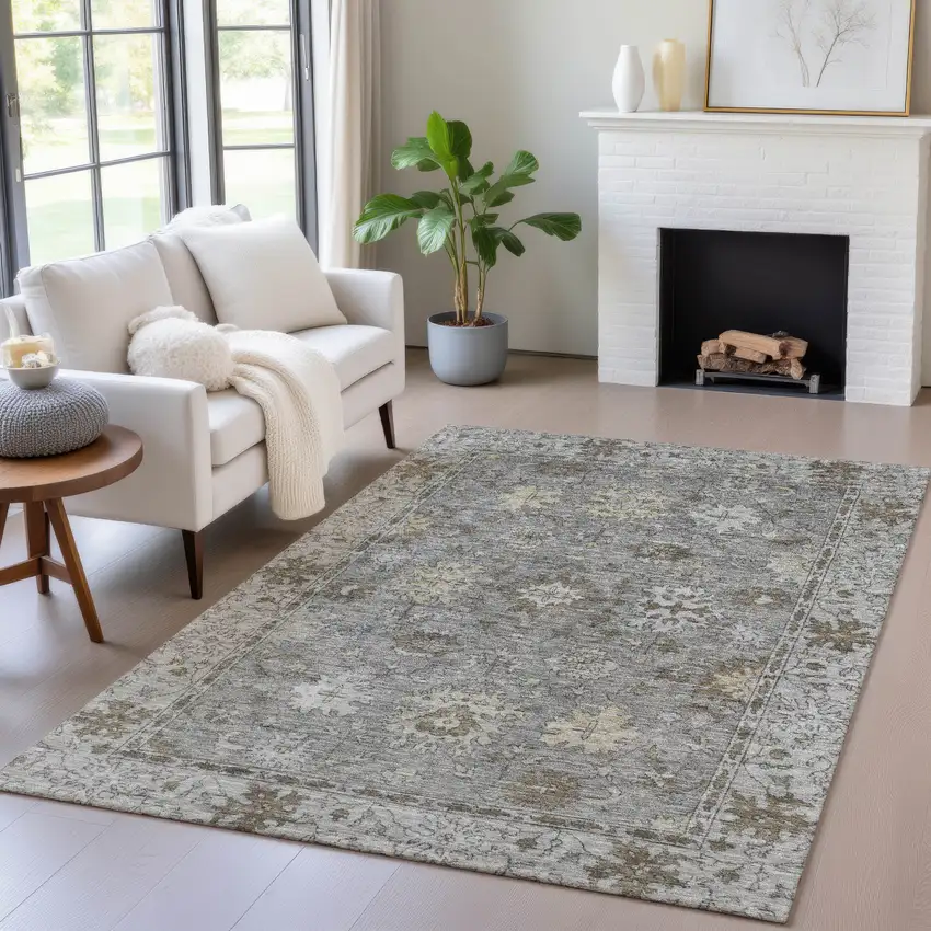 Pewter And Gold Floral Washable Indoor Outdoor Area Rug Photo 6