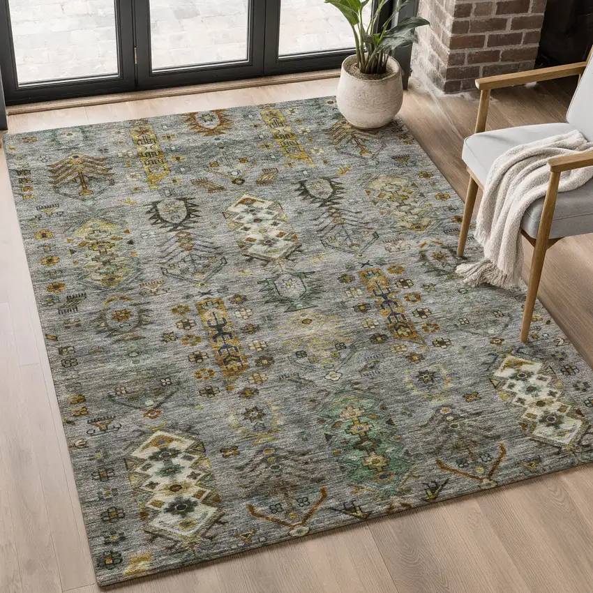 Pewter And Gold Southwestern Washable Area Rug With UV Protection Photo 5