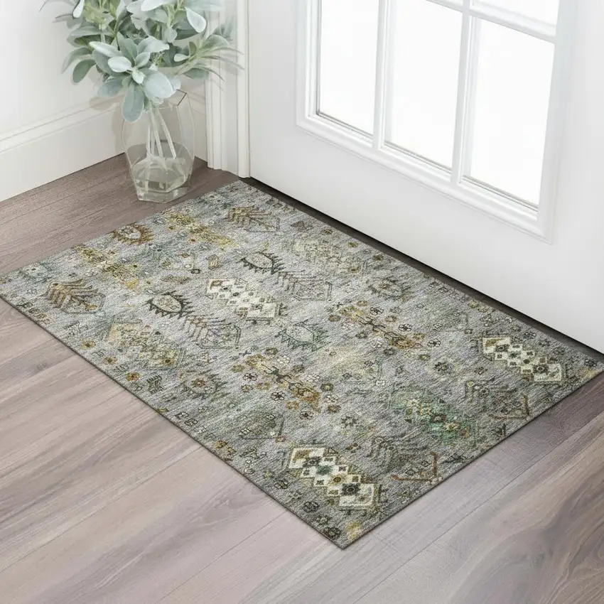 Pewter And Gold Southwestern Washable Area Rug With UV Protection Photo 2