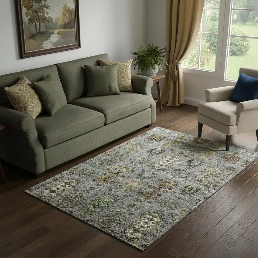 Pewter And Gold Southwestern Washable Area Rug With UV Protection Photo 2