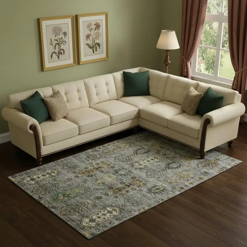 Pewter And Gold Southwestern Washable Area Rug With UV Protection Photo 2