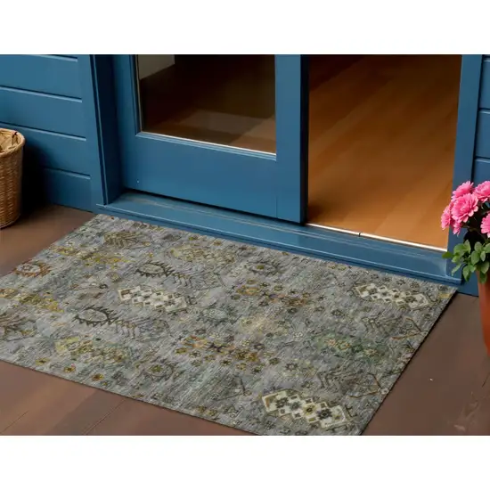 Pewter And Gold Tribal Washable Indoor Outdoor Area Rug Photo 2
