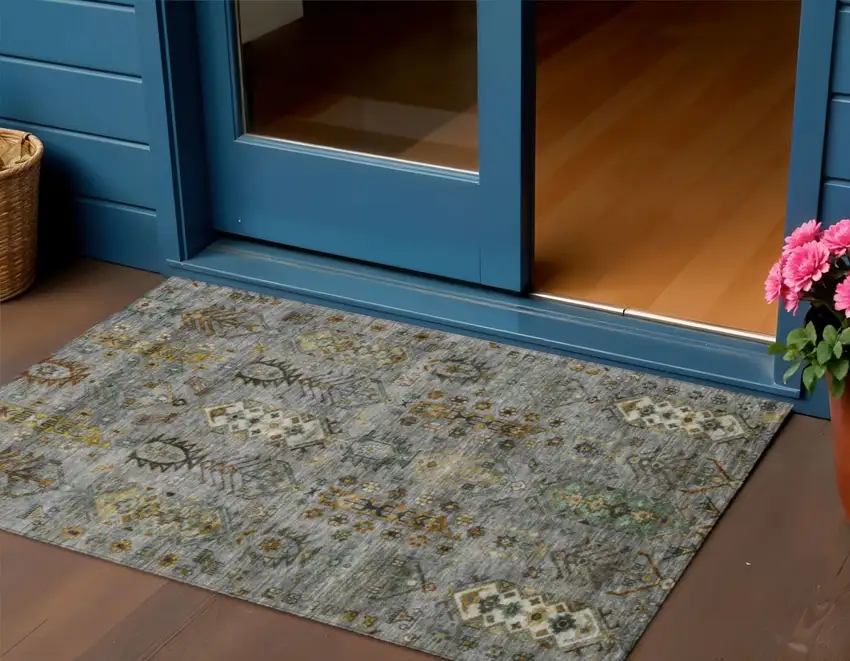 Pewter And Gold Tribal Washable Indoor Outdoor Area Rug Photo 2