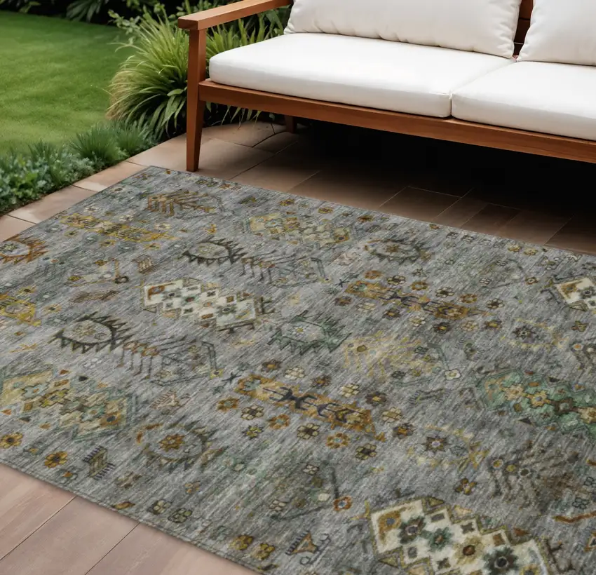 Pewter And Gold Tribal Washable Indoor Outdoor Area Rug Photo 2