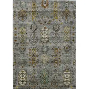 Photo of Pewter And Gold Tribal Washable Indoor Outdoor Area Rug