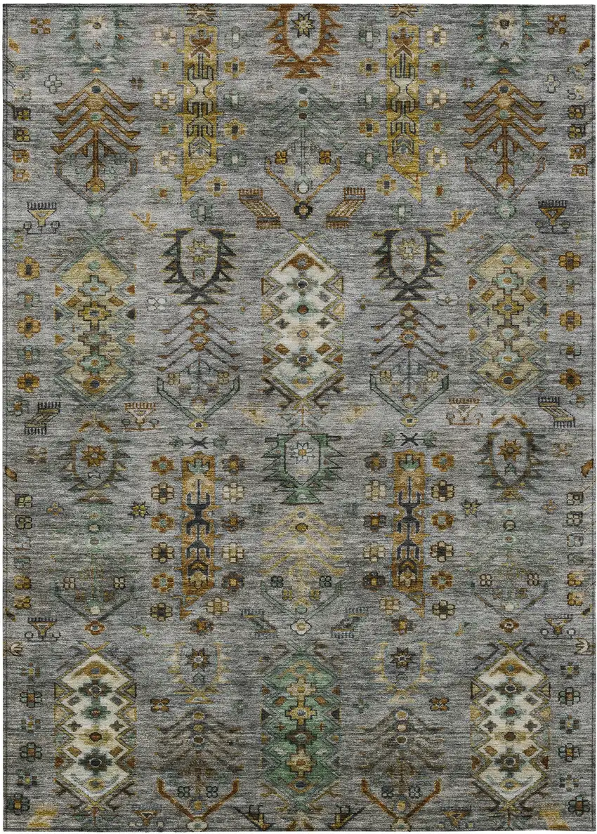 Pewter And Gold Tribal Washable Indoor Outdoor Area Rug Photo 1
