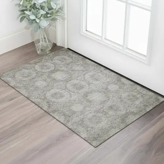 Pewter And Gray Abstract Geometric Washable Area Rug With UV Protection Photo 2
