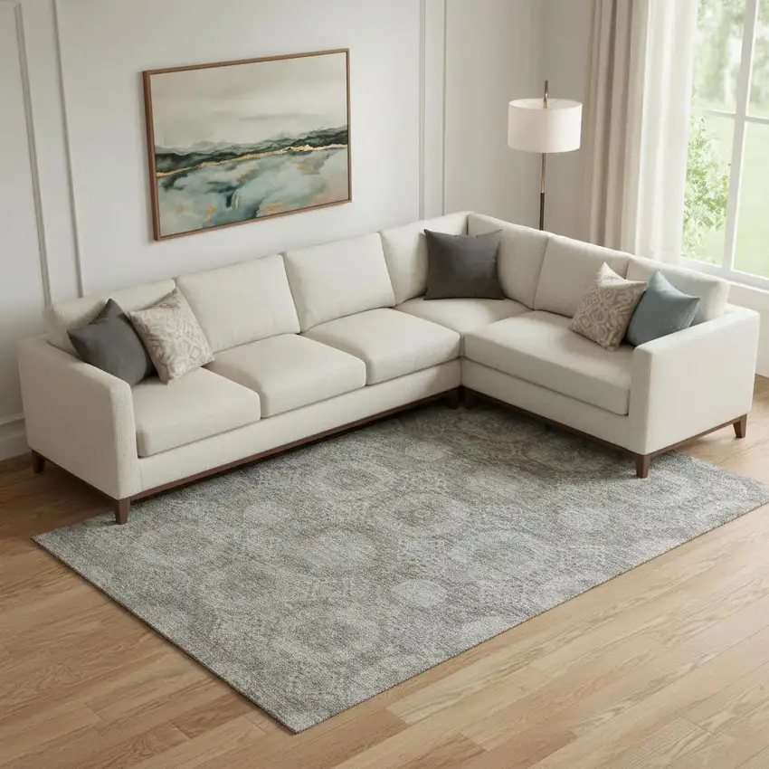 Pewter And Gray Abstract Geometric Washable Area Rug With UV Protection Photo 2