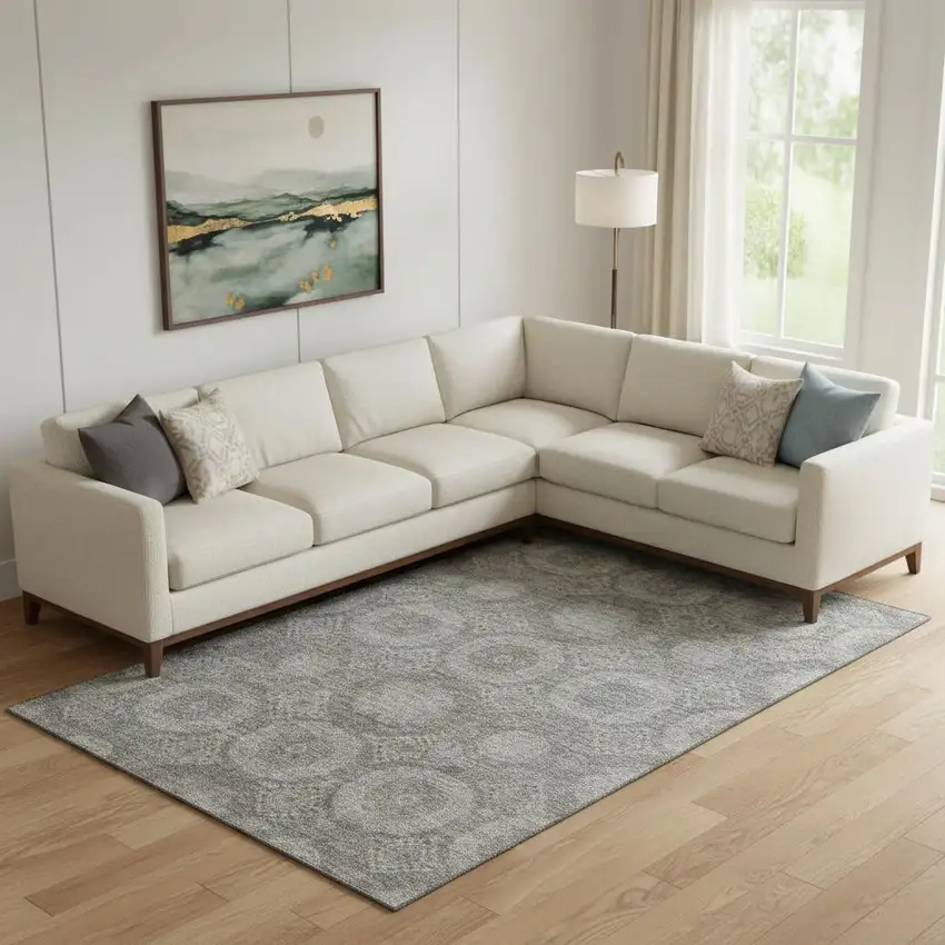 Pewter And Gray Abstract Geometric Washable Area Rug With UV Protection Photo 2