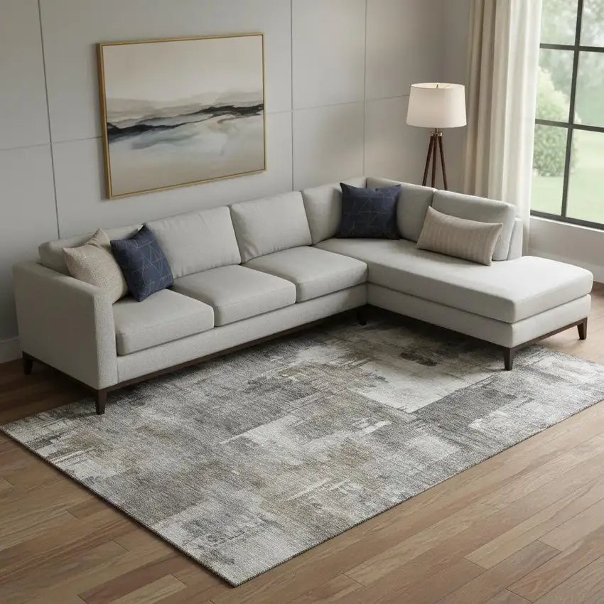 Pewter And Gray Abstract Washable Area Rug With UV Protection Photo 2