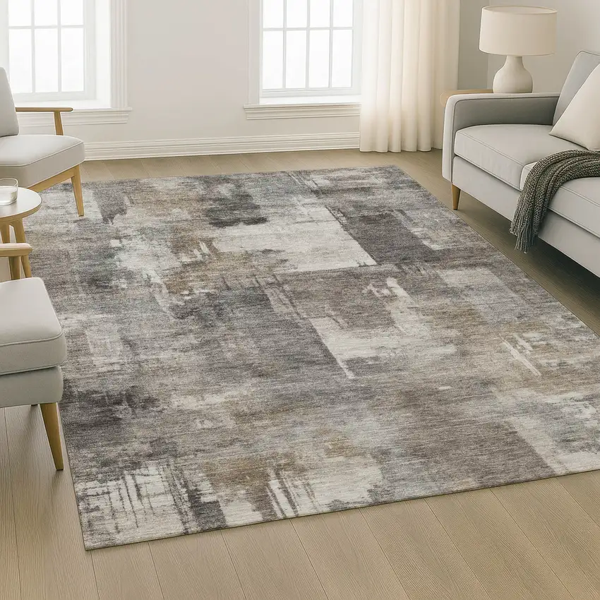 Pewter And Gray Abstract Washable Area Rug With UV Protection Photo 5