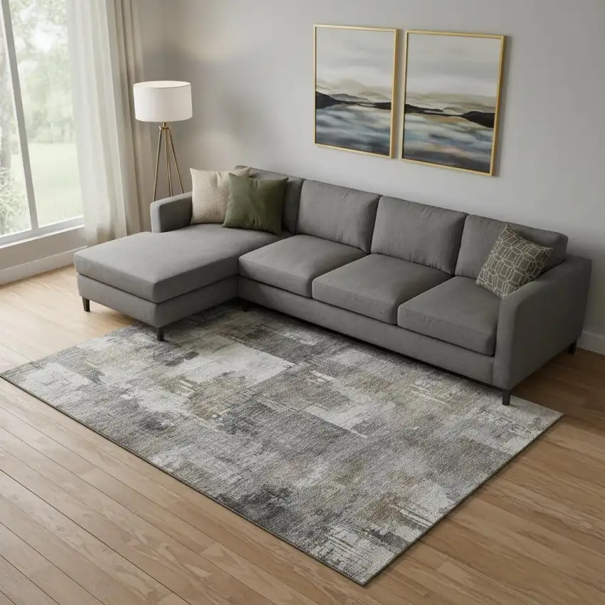 Pewter And Gray Abstract Washable Area Rug With UV Protection Photo 2