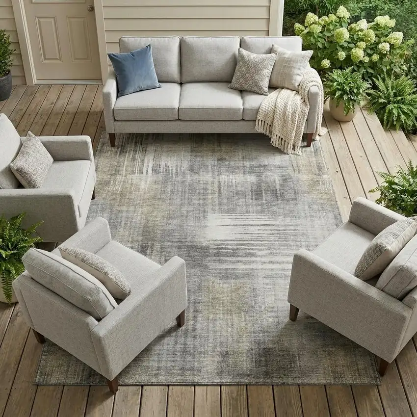 Pewter And Gray Abstract Washable Indoor Outdoor Area Rug Photo 1