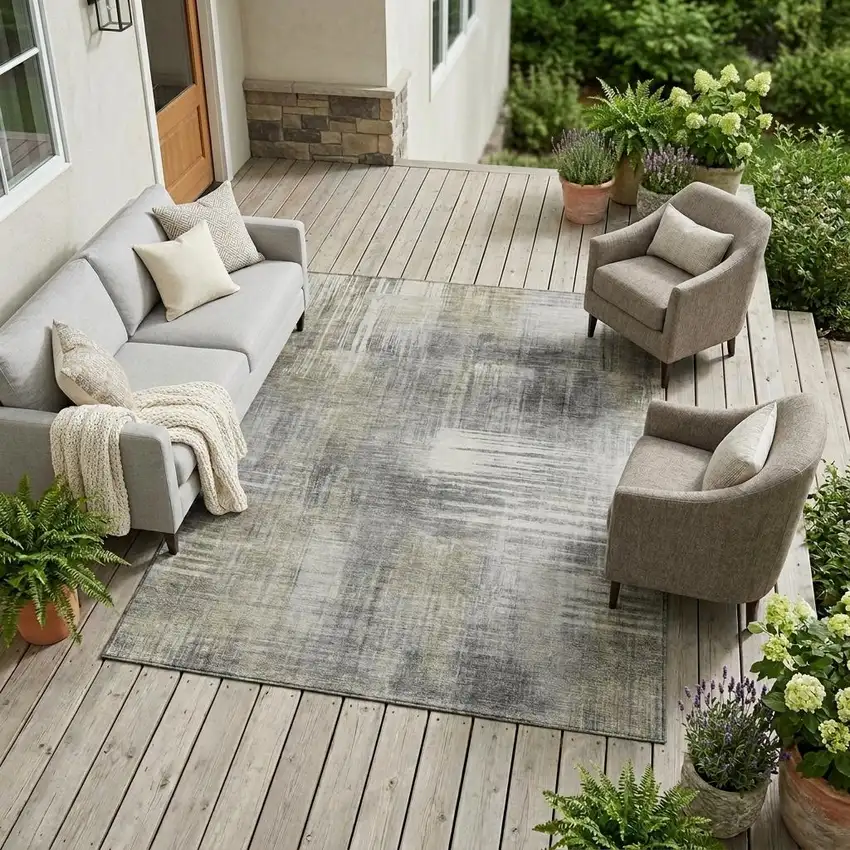 Pewter And Gray Abstract Washable Indoor Outdoor Area Rug Photo 1