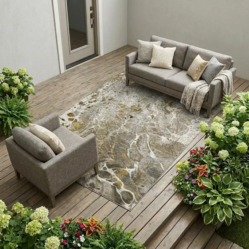 Pewter And Gray Abstract Washable Indoor Outdoor Area Rug Photo 1