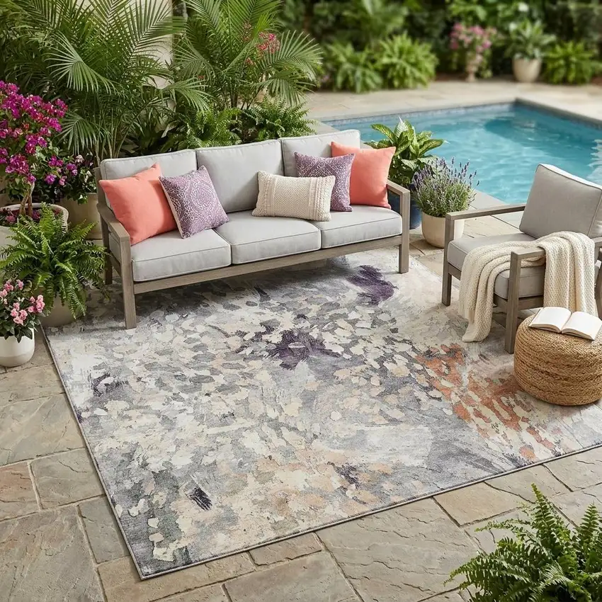 Pewter And Gray Abstract Washable Indoor Outdoor Area Rug Photo 1