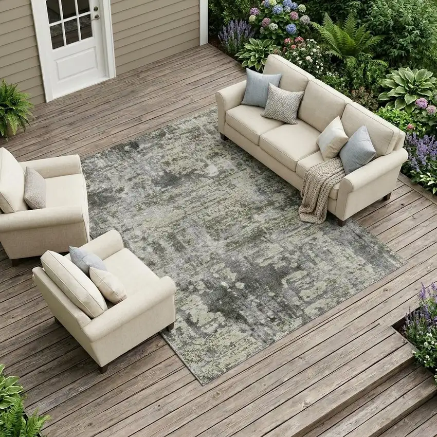 Pewter And Gray Abstract Washable Indoor Outdoor Area Rug Photo 1