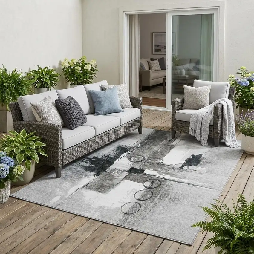 Pewter And Gray Abstract Washable Indoor Outdoor Area Rug Photo 1