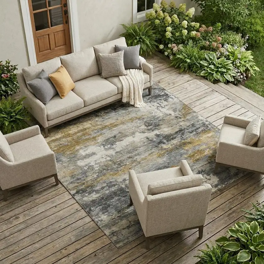 Pewter And Gray Abstract Washable Indoor Outdoor Area Rug Photo 1