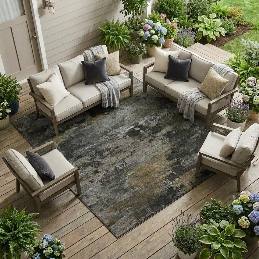 Pewter And Gray Abstract Washable Indoor Outdoor Area Rug Photo 1