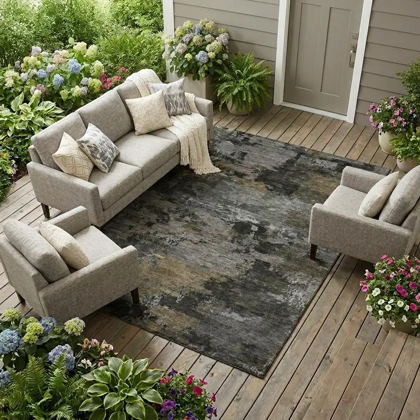 Pewter And Gray Abstract Washable Indoor Outdoor Area Rug Photo 1