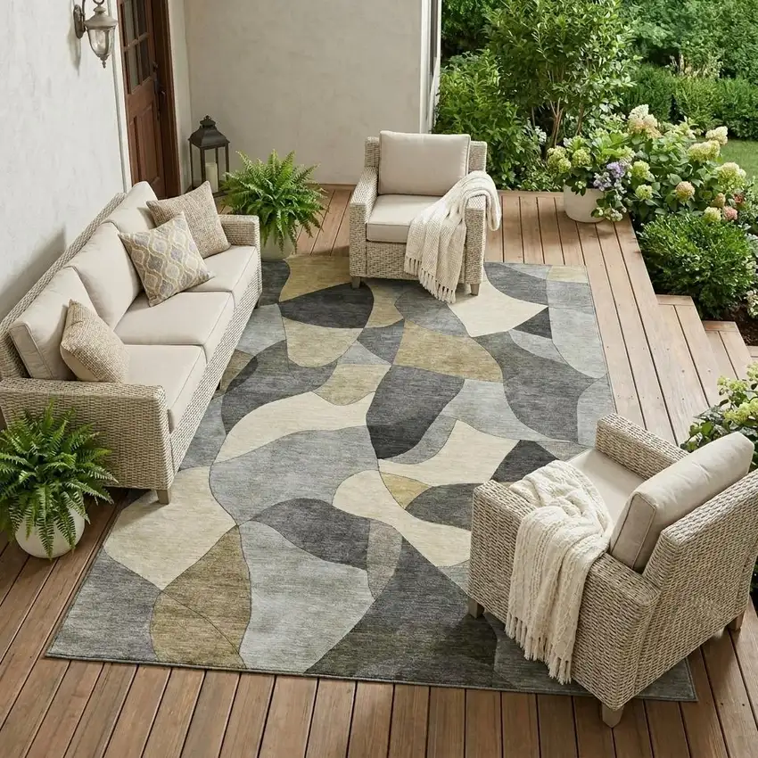 Pewter And Gray Abstract Washable Indoor Outdoor Area Rug Photo 1