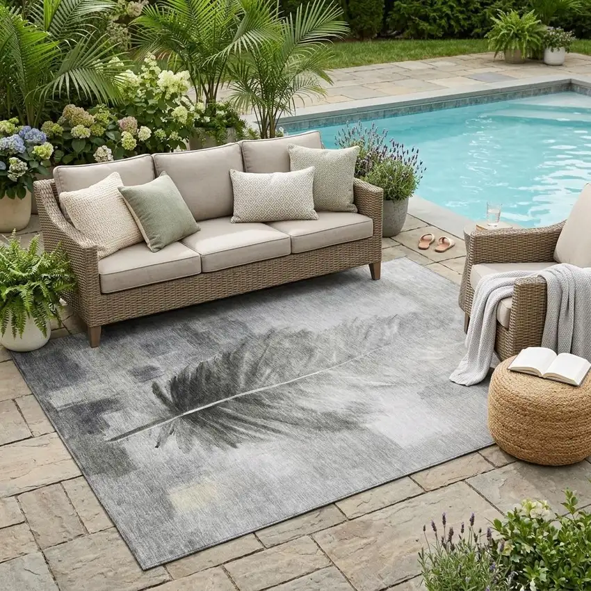 Pewter And Gray Botanical Leaves Washable Indoor Outdoor Area Rug Photo 1