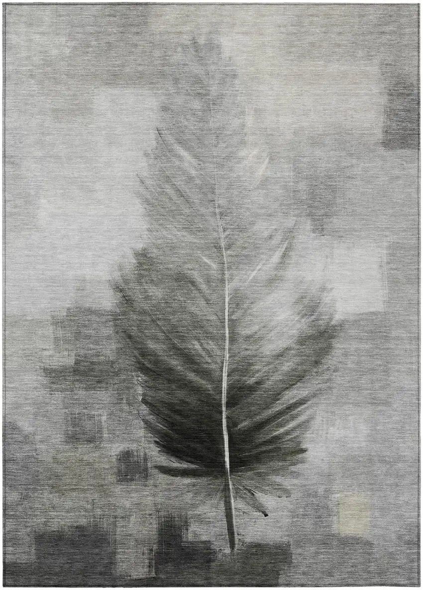 Pewter And Gray Botanical Leaves Washable Indoor Outdoor Area Rug Photo 2