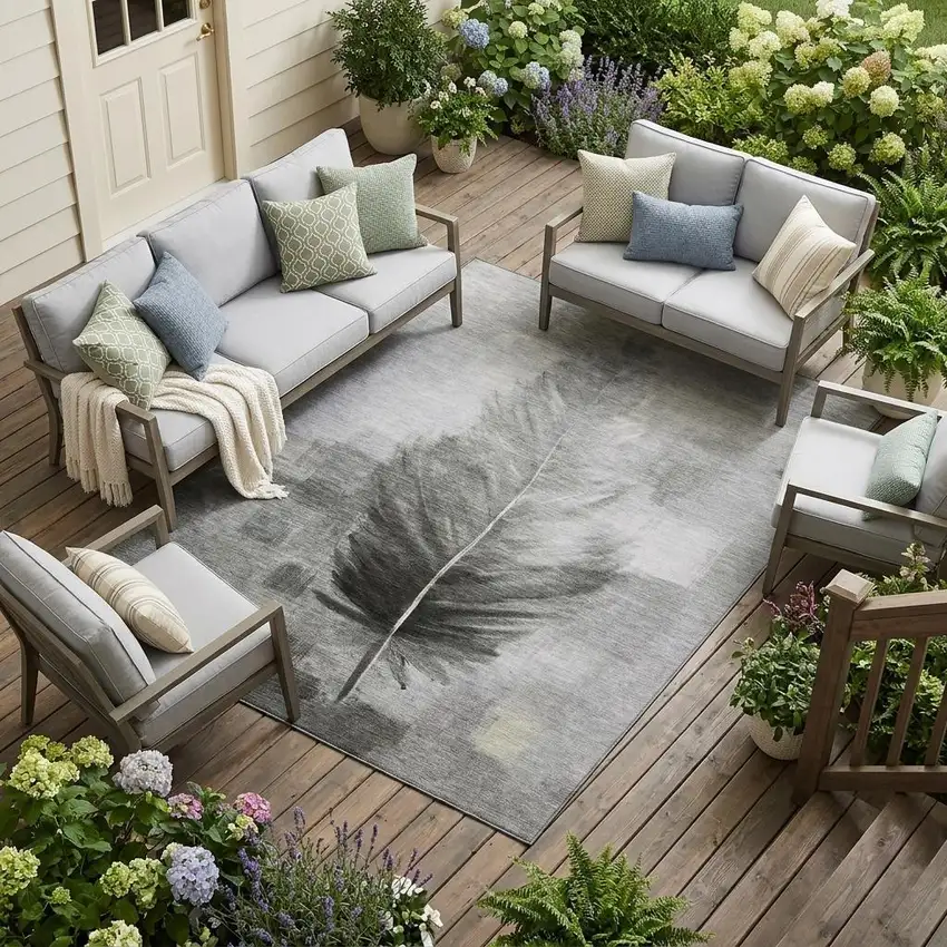 Pewter And Gray Botanical Leaves Washable Indoor Outdoor Area Rug Photo 1