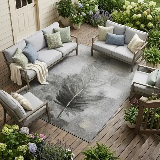 Pewter And Gray Botanical Leaves Washable Indoor Outdoor Area Rug Photo 1