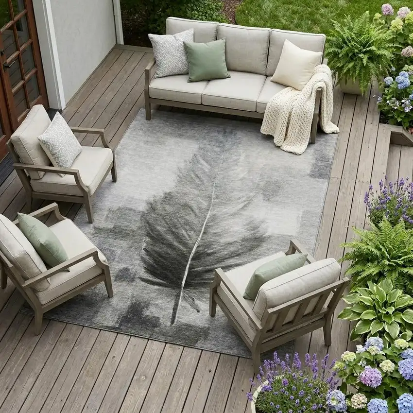 Pewter And Gray Botanical Leaves Washable Indoor Outdoor Area Rug Photo 1