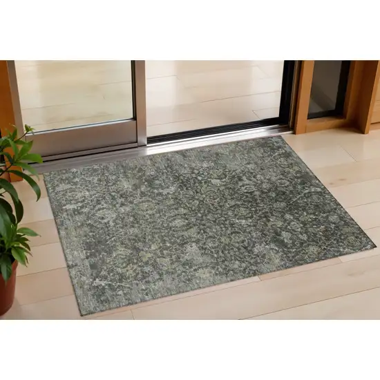 Pewter And Gray Damask Washable Indoor Outdoor Area Rug Photo 1
