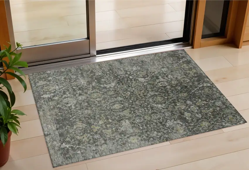 Pewter And Gray Damask Washable Indoor Outdoor Area Rug Photo 1