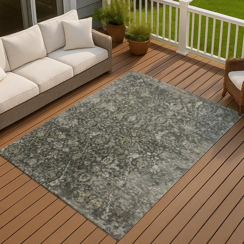 Pewter And Gray Damask Washable Indoor Outdoor Area Rug Photo 2