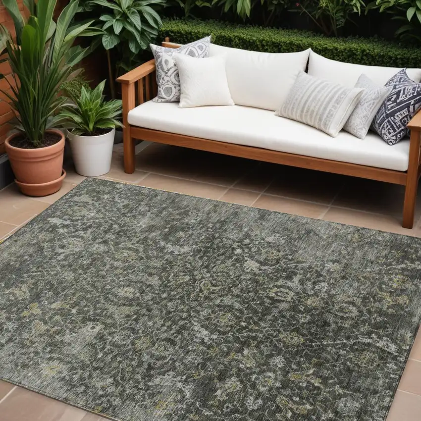 Pewter And Gray Damask Washable Indoor Outdoor Area Rug Photo 1