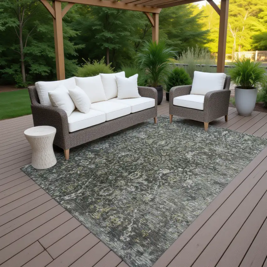 Pewter And Gray Damask Washable Indoor Outdoor Area Rug Photo 5