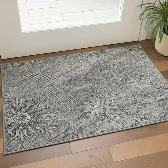 Pewter And Gray Floral Washable Area Rug With UV Protection Photo 2