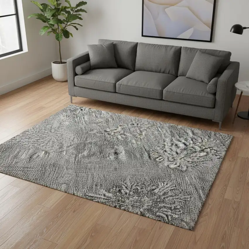 Pewter And Gray Floral Washable Area Rug With UV Protection Photo 2