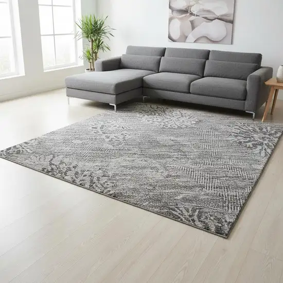 Pewter And Gray Floral Washable Area Rug With UV Protection Photo 2