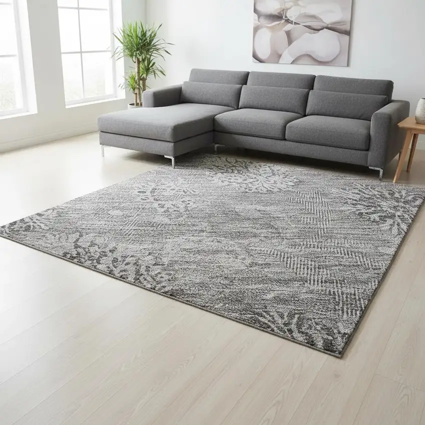 Pewter And Gray Floral Washable Area Rug With UV Protection Photo 2