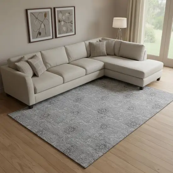 Pewter And Gray Floral Washable Area Rug With UV Protection Photo 1