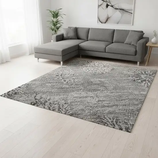 Pewter And Gray Floral Washable Area Rug With UV Protection Photo 2