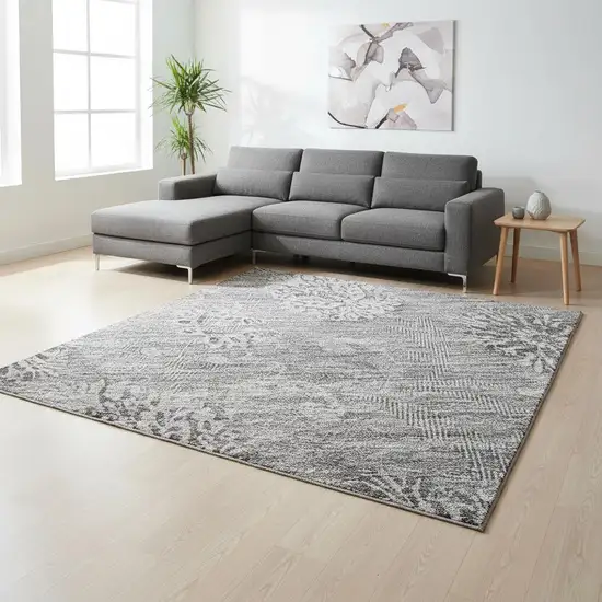 Pewter And Gray Floral Washable Area Rug With UV Protection Photo 2