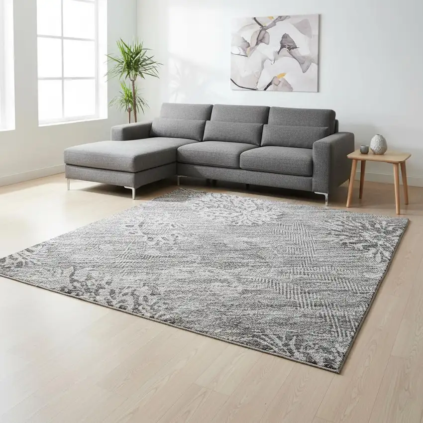 Pewter And Gray Floral Washable Area Rug With UV Protection Photo 2