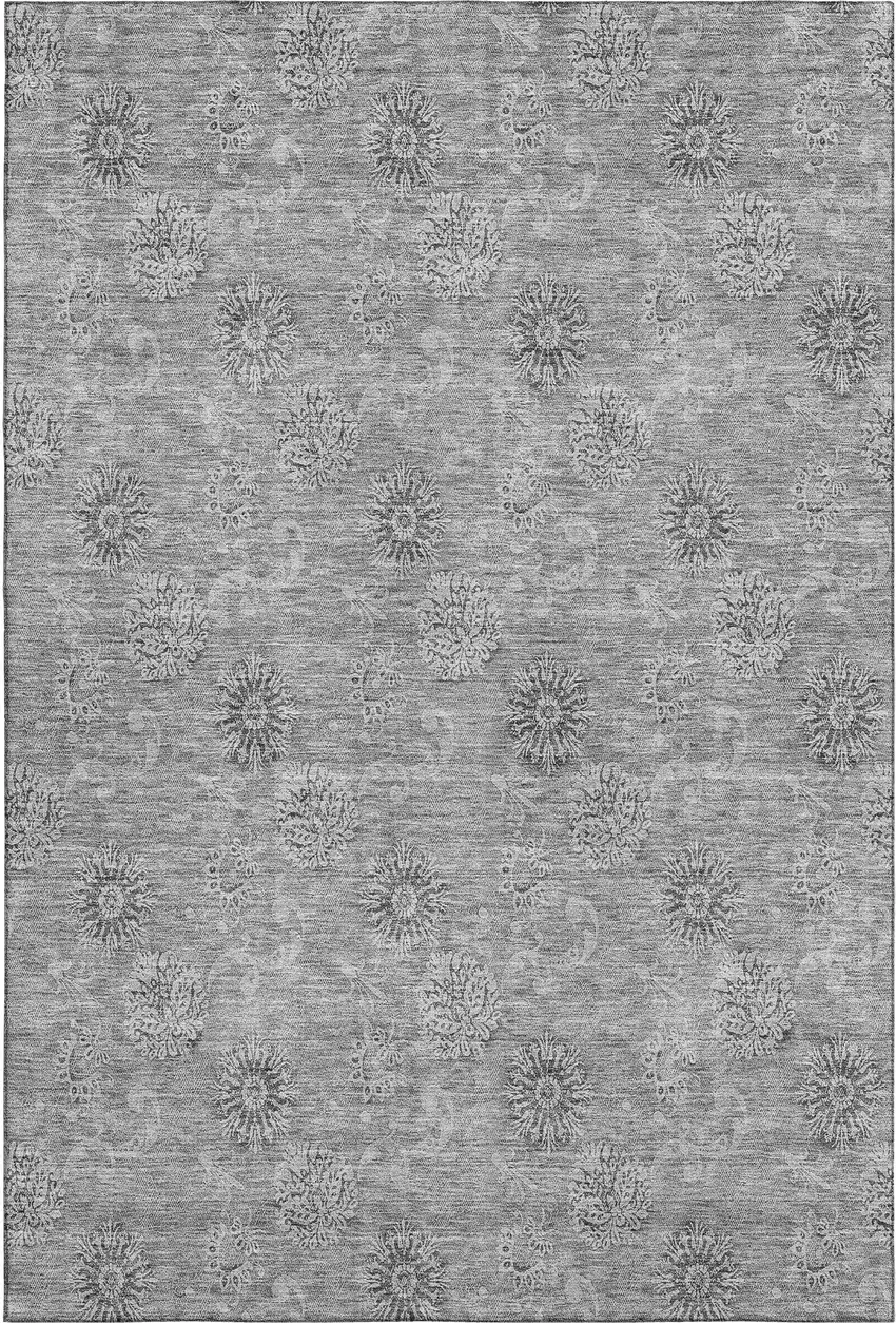 Pewter And Gray Floral Washable Area Rug With UV Protection Photo 5