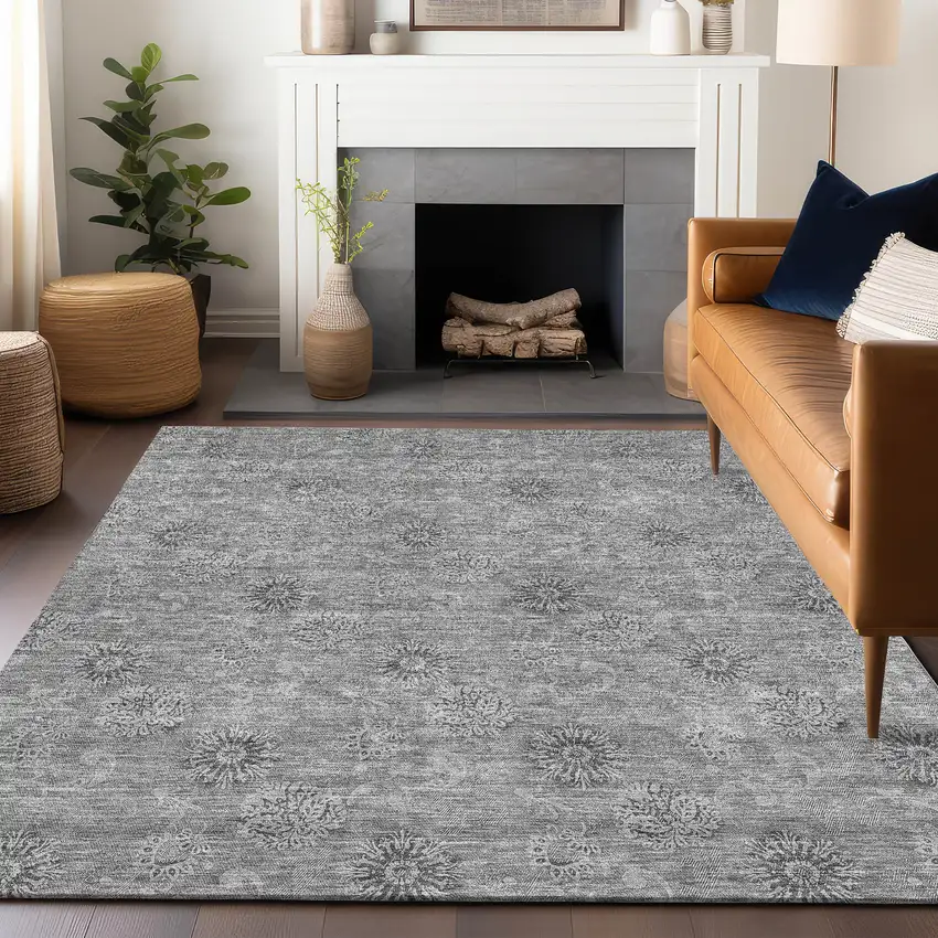 Pewter And Gray Floral Washable Area Rug With UV Protection Photo 4