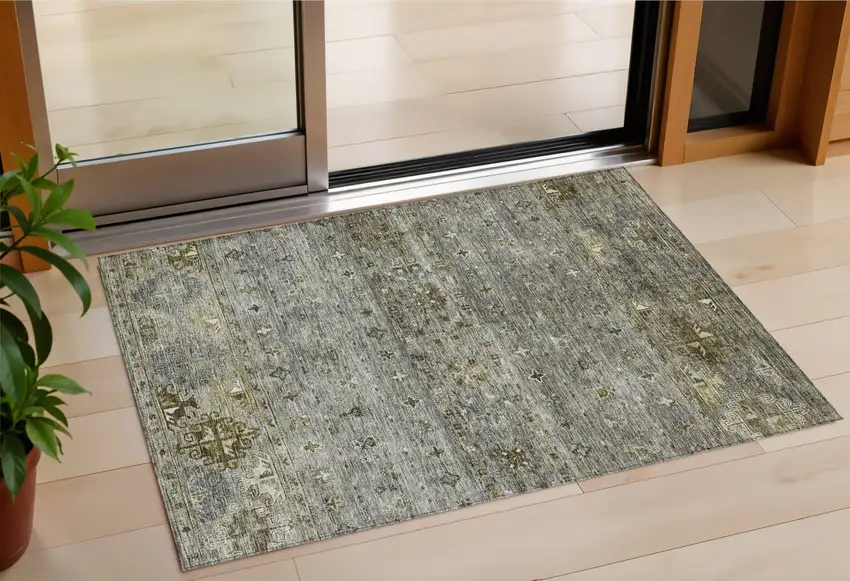 Pewter And Gray Floral Washable Indoor Outdoor Area Rug Photo 1