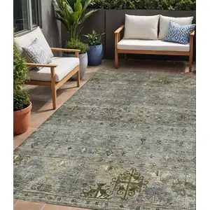 Photo of Pewter And Gray Floral Washable Indoor Outdoor Area Rug