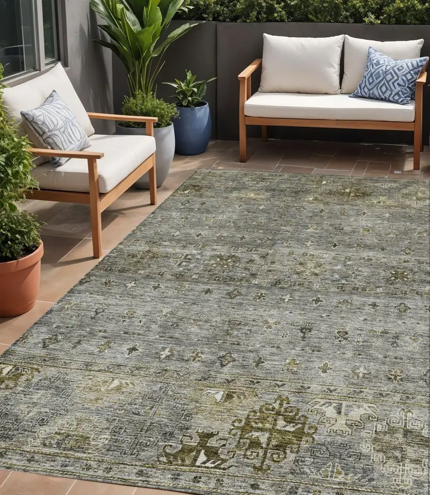 Pewter And Gray Floral Washable Indoor Outdoor Area Rug Photo 1