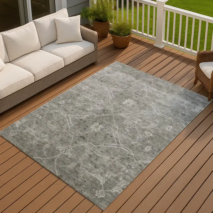 Pewter And Gray Floral Washable Indoor Outdoor Area Rug Photo 6
